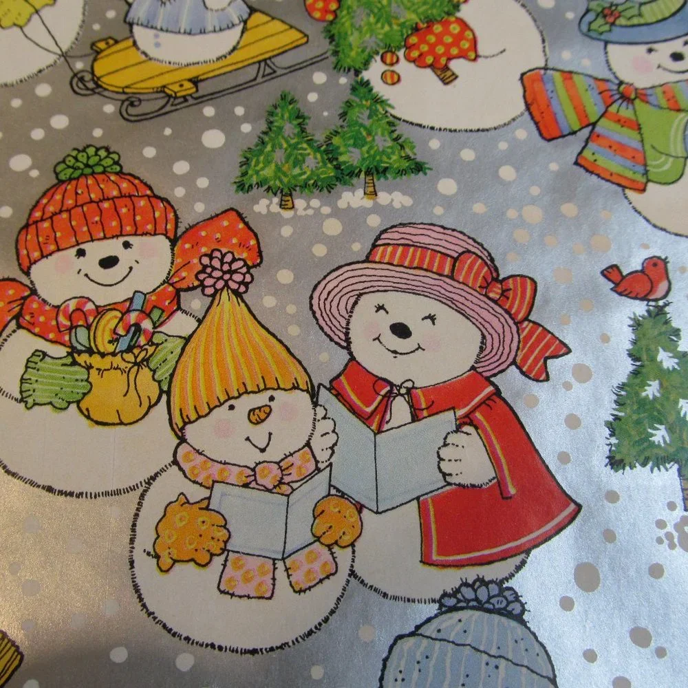 Vintage Hallmark Gift Wrap Paper Partial Roll ~ Snowmen w Trees, Sleds